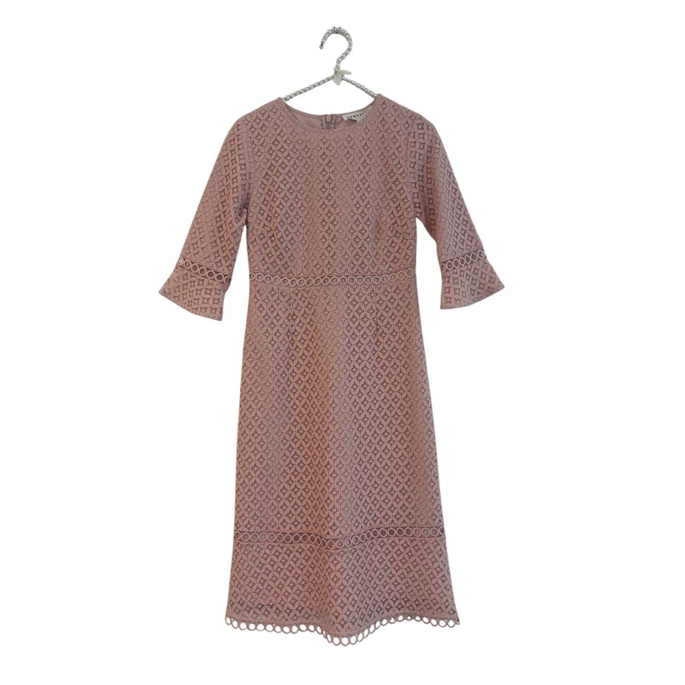 Lace A-Line Midi Dress in Dusty Pink Sz Xs bell sleeve Lacey cutouts feminine